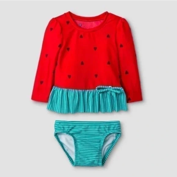 Cat & Jack Baby Girl Watermelon Swim Set Rash Guard Ruffle Bikini 3-6M - Picture 2 of 6
